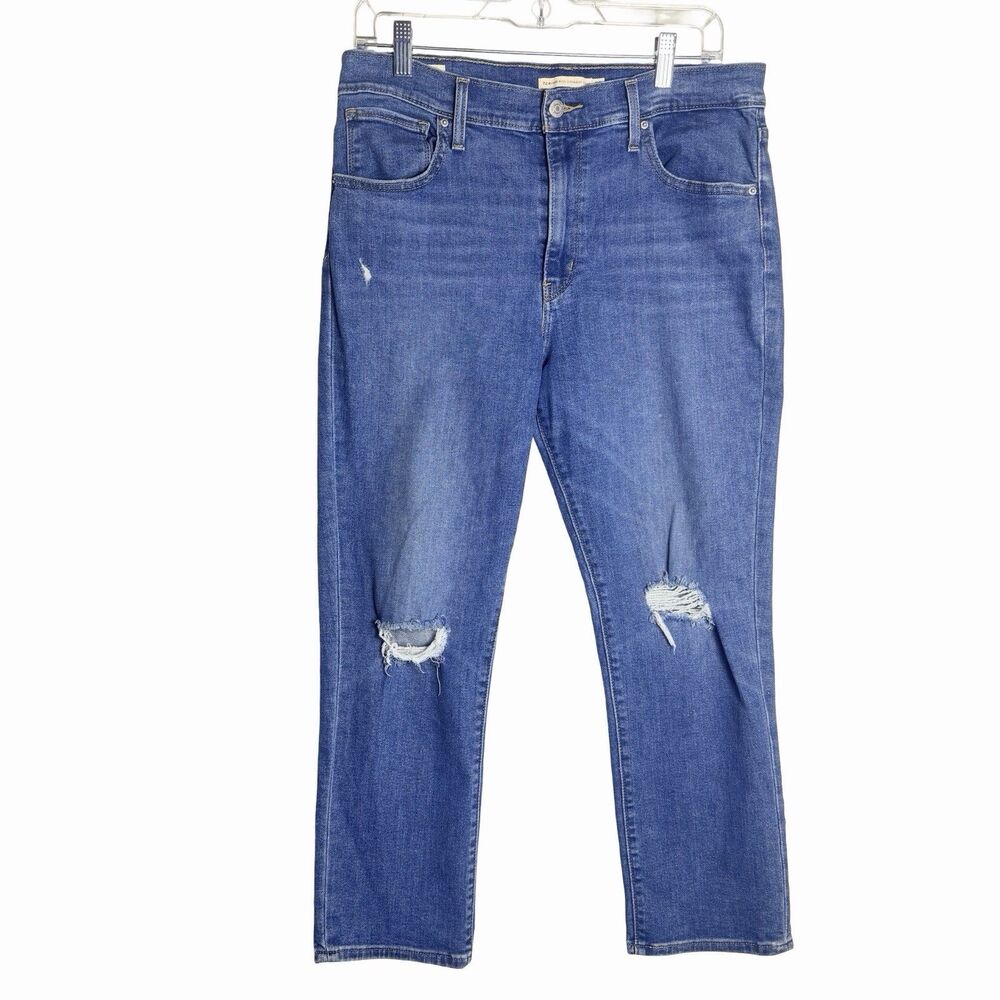 Levi's High-Rise  Straight Cropped Jeans Womens 32 Ankle Medium Wash Holes